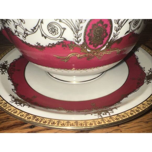 Meito MANDARIN Gravy Boat & Attached Underplate Red Gold Excellent Pristine! - Picture 2 of 8